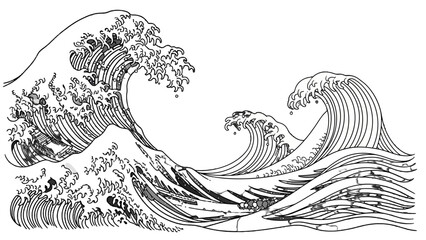 A striking black and white illustration of powerful, cresting ocean waves, rendered in a traditional Japanese woodblock print style. © Oska