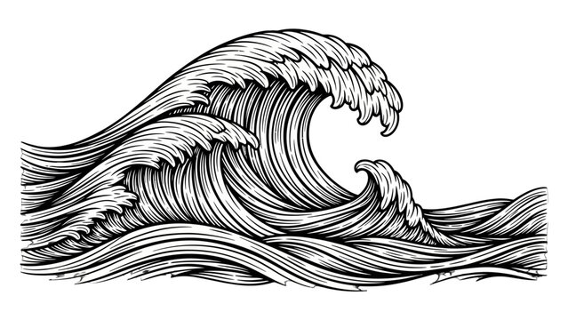 A detailed black and white illustration of powerful ocean waves crashing with intricate line work.