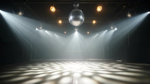 Disco balls casting patterned light across empty dance floor in dark club interior
