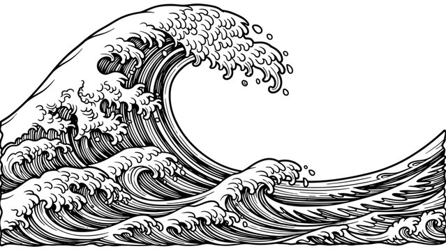 A dramatic black and white illustration of a powerful ocean wave crashing with intricate foam details.
