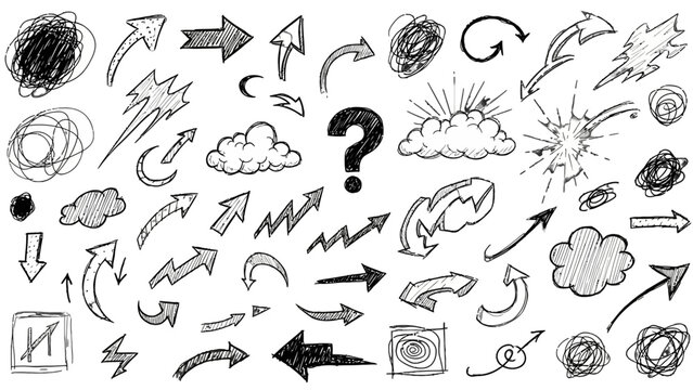A diverse collection of hand-drawn sketch elements including arrows, question marks, clouds, lightning bolts, and scribbles, presented on a white background.
