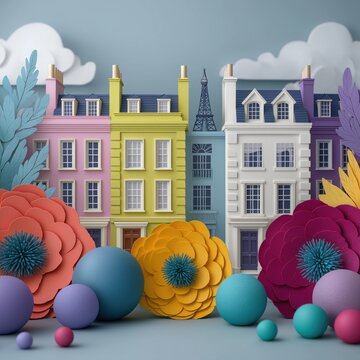 Colorful miniature paper houses of paris adorned with large artistic paper flowers and vibrant geometric spheres