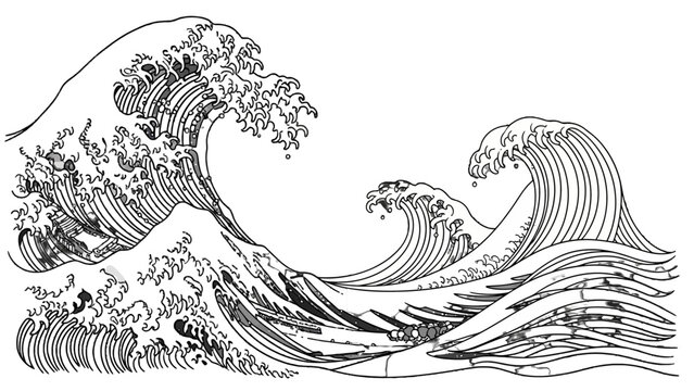 A striking black and white illustration of powerful, cresting ocean waves, rendered in a traditional Japanese woodblock print style.