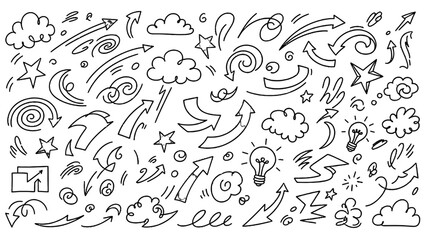 Fototapeta premium Doodle Elements: A collection of hand-drawn doodles including arrows, clouds, stars, light bulbs, and swirls, perfect for adding a creative touch to designs.