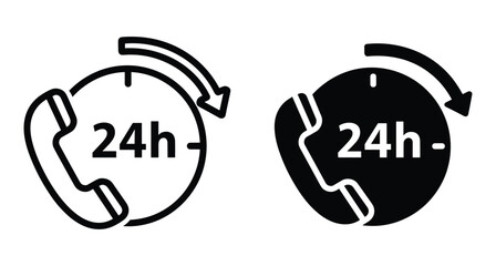 Fototapeta premium 24 hours customer service phone support icon set with telephone handset and clock arrow for around the clock help desk assistance