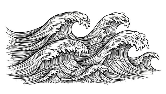 Crashing Waves Illustration: A dramatic black and white illustration captures the raw power and motion of several large, cresting ocean waves.