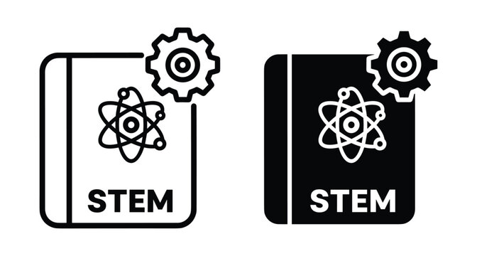 STEM education book icon set featuring atom symbol and gear representing science technology engineering and mathematics learning for students and teachers