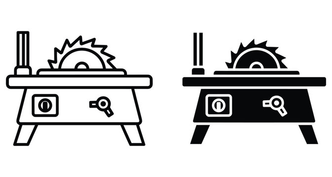 Table saw icon set for woodworking carpentry industrial power tool equipment workshop circular blade machine cutting timber wood construction hardware