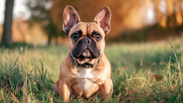 French bulldog sitting alert in grassy park field during autumn golden hour with blurred trees background