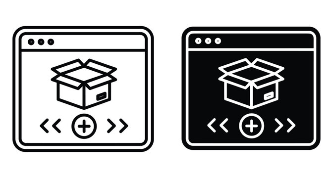 Web browser interface icon showing open cardboard box with navigation arrows and plus symbol for digital delivery and software installation