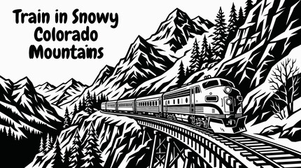 passenger train moving through snowy colorado mountains railway black and white vector winter landscape travel © Ethan