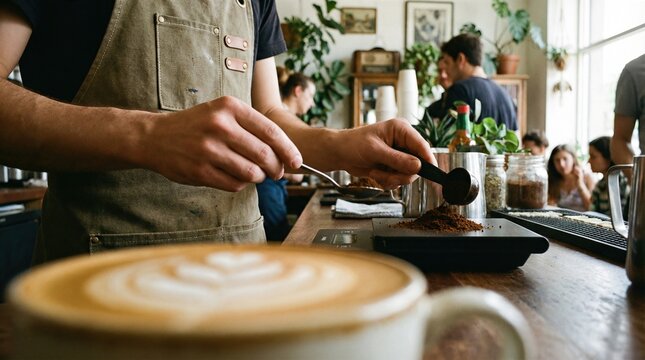Man barista weighing ground coffee on a digital scale in a cafe, foreground showing a cup of latte art coffee. Coffee shop and hot drink concept.