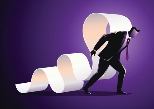 Businessman struggling to carry long winding paper scroll bill, a concept for debt and burden