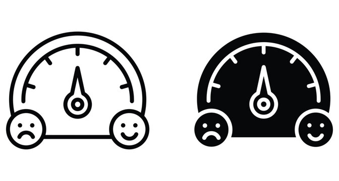 Customer satisfaction gauge icon set showing feedback scale from sad to happy face with needle indicator for business performance measurement