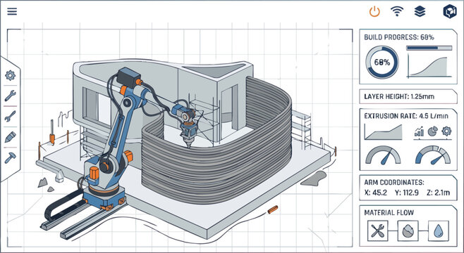 3D Concrete Printing Robot Arm Constructing Building with UI Interface