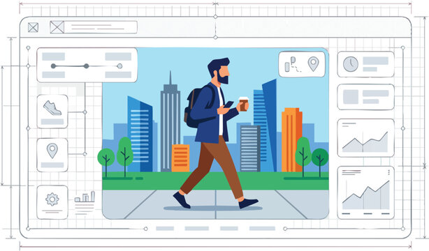 App Interface Design Concept with Man Walking in Modern City
