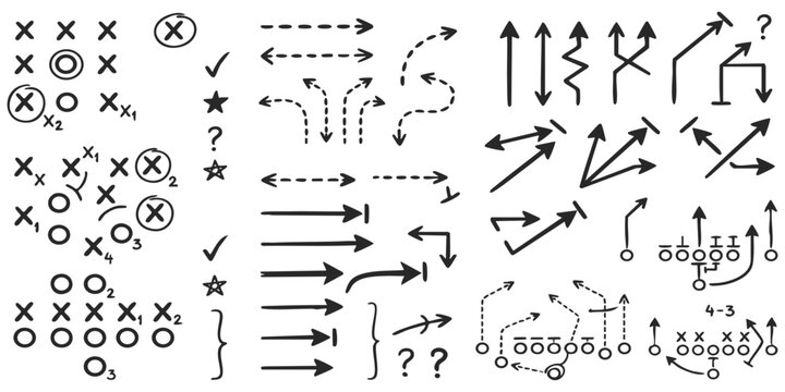 Collection of hand drawn arrows and tactical sports play diagrams with X and O marks for strategy and game planning