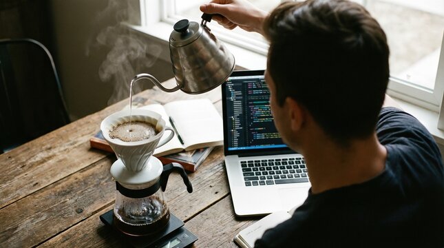 Man pouring hot water from kettle into drip coffee maker while working on laptop, cozy remote work and home office concept.
