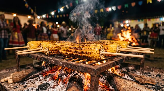 Roasted corn cooked over a bonfire during the S&atilde;o Jo&atilde;o festivities in northeastern Brazil.