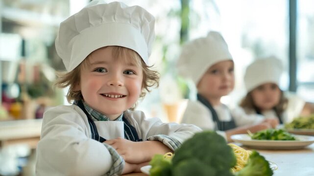 Young child chef smiling while preparing vegetables at kitchen table with other children in background