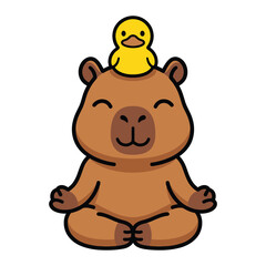 Obraz premium Cute Meditating Cartoon Capybara with Rubber Duck
