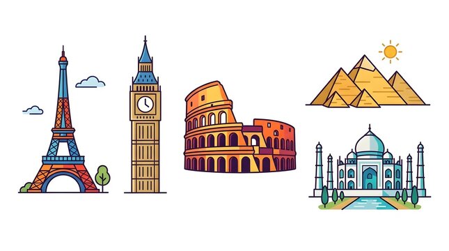 Eiffel Tower, Big Ben, Colosseum, Egyptian Pyramids, Taj Mahal, world landmarks, famous buildings, architecture icons, flat vector, icon set, colorful icons, minimal design, landmark illustration, cle