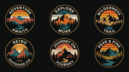 Naklejka premium Retro Mountain Adventure Badge Set, Vintage Outdoor Wilderness Emblem Collection