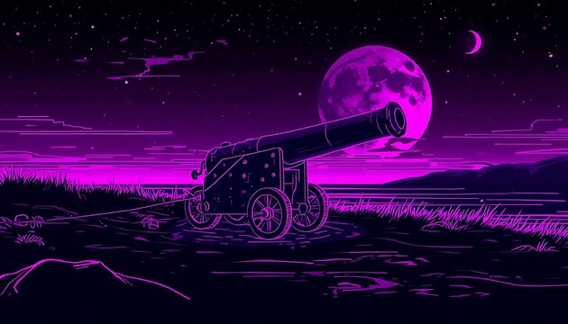 vibrant Glowing Neon Purple Reflections Artillery cannon, silhouetted against giant moon