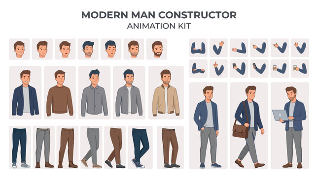 Modern Man Character Constructor Animation Kit Vector with Body Parts and Clothing for Explainer Videos, Motion Graphics & Web Design (EPS)