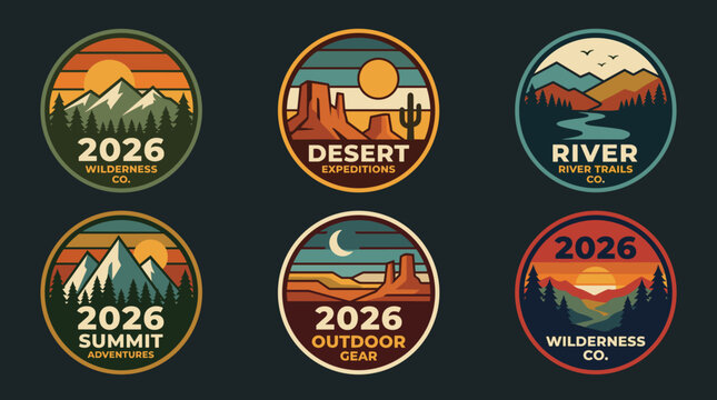 Retro Outdoor Adventure Badge Collection with Mountain Summit, Desert Landscape and Wilderness River Emblems, colorful sunset patch style