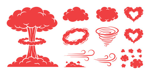 Set of hand drawn red explosion cloud tornado wind and heart shape icons for comic book style graphic design projects © GraphixEra
