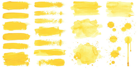 Set of yellow watercolor brush strokes and paint splatters for creative art design projects © GraphixEra