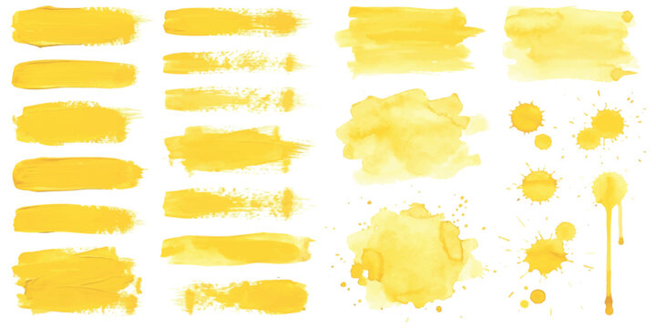 Set of yellow watercolor brush strokes and paint splatters for creative art design projects