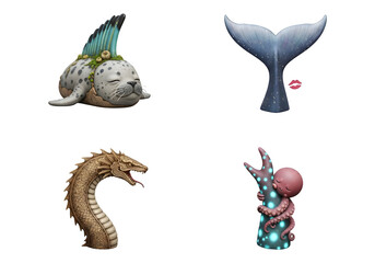 Fototapeta premium 4 Mythical Sea Creatures Vector Illustration Set isolated on transparent background