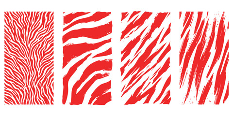 Set of four abstract red and white tiger stripe patterns for creative graphic design and modern background textures