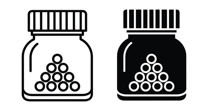 Medicine bottle icon set with homeopathic globules or pills inside glass jar for healthcare pharmacy medical treatment and wellness care