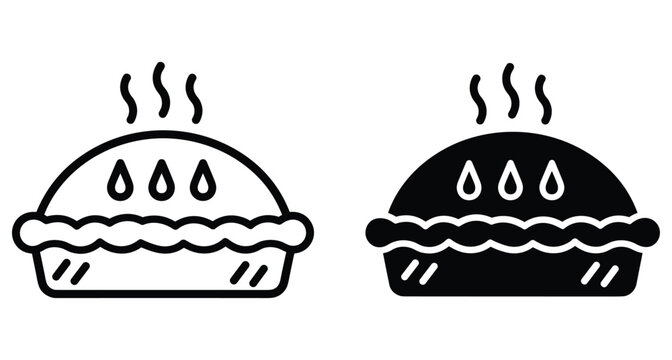 Fresh baked hot pie icon set with steam and crust details in outline and solid black glyph style for food design