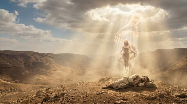 God creating woman from the rib of a sleeping man in a desert landscape. Biblical scene from the book of Genesis. Spiritual concept of divine creation, miracle, and holy spirit.