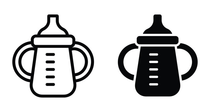 Baby sippy cup icon set with handles and measurement scale for infant feeding and toddler nutrition in outline and solid styles