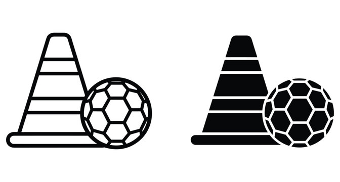 Soccer training cone and ball icon set featuring outline and solid versions for football practice sports equipment and athletic drills