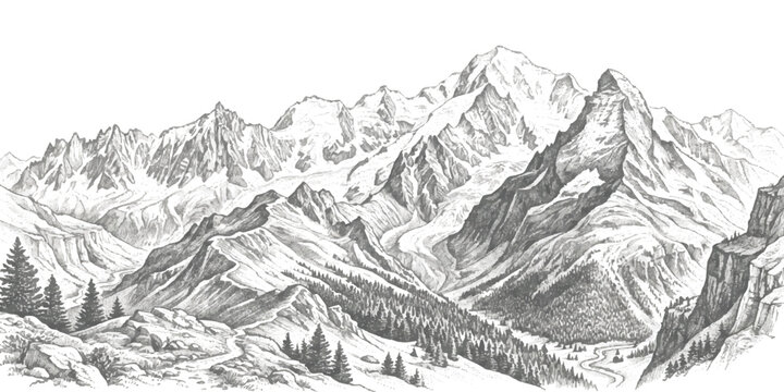 Hand drawn ink sketch of a majestic mountain range with pine trees in a scenic alpine valley landscape illustration