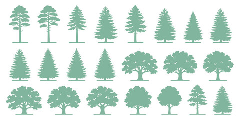 Set of flat green tree icons featuring various shapes of deciduous and coniferous forest trees for nature design © GraphixEra