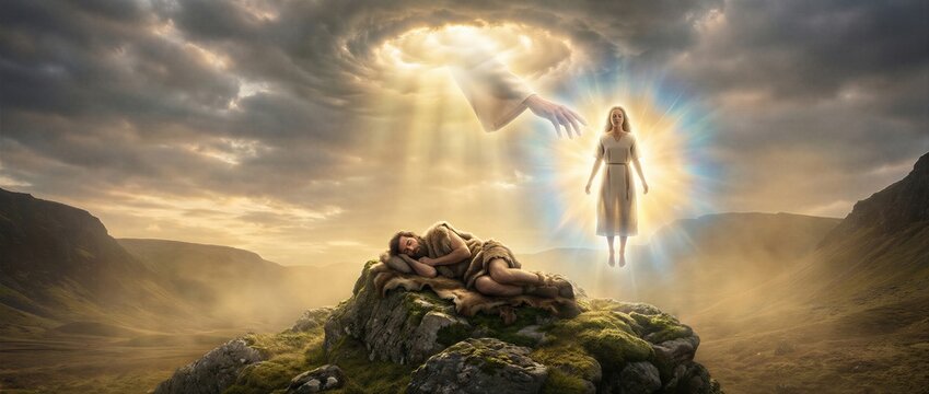 Divine creation of woman from sleeping man on the sixth day. Biblical story from Genesis where God forms Eve. Concept of humanity beginning, spiritual origin, and religious faith. Banner with copy