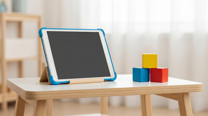 Fototapeta premium Blank digital tablet and colorful wooden blocks on a child's desk, ideal for early childhood EdTech mockups and preschool learning marketing.