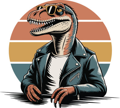 Cool Velociraptor in Sunglasses and Leather Jacket, Funny Vintage Retro Greaser Doodle Vector
