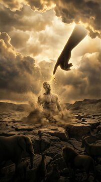 God hand touching man emerging from dust in biblical creation of world. Divine power giving life to human on earth. Religious scene depicting Genesis history of beginning of civilization.