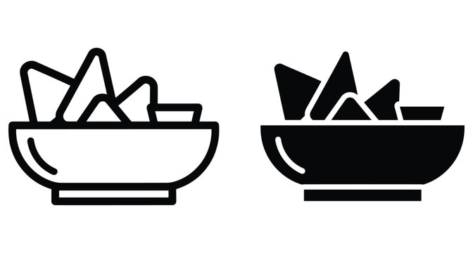 Nachos bowl icon set with tortilla chips and dip sauce in outline and solid glyph style for Mexican food menu
