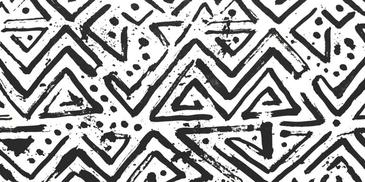 Black and white tribal pattern with hand drawn geometric zigzag shapes and rustic ink texture for background