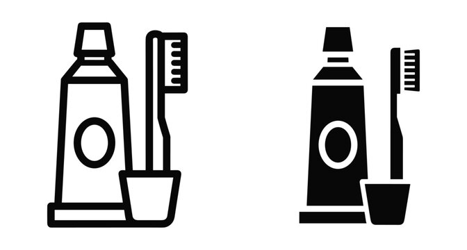 Toothpaste tube and toothbrush in cup icon set with outline and solid black glyph styles for dental hygiene and bathroom care