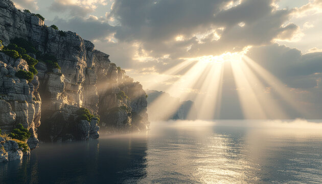 Sun Rays Over Mountain Lake
